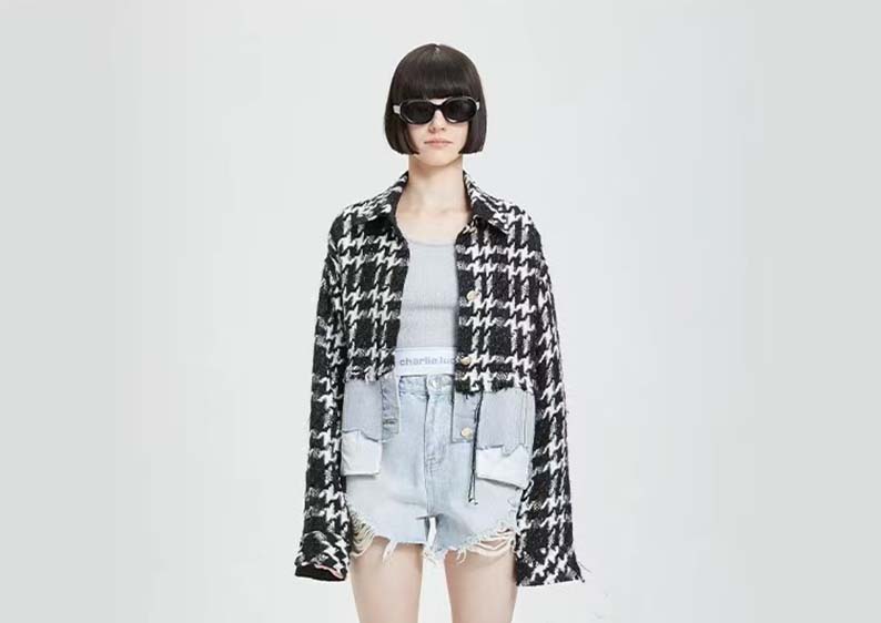 粗花呢丹宁拼接短夹克