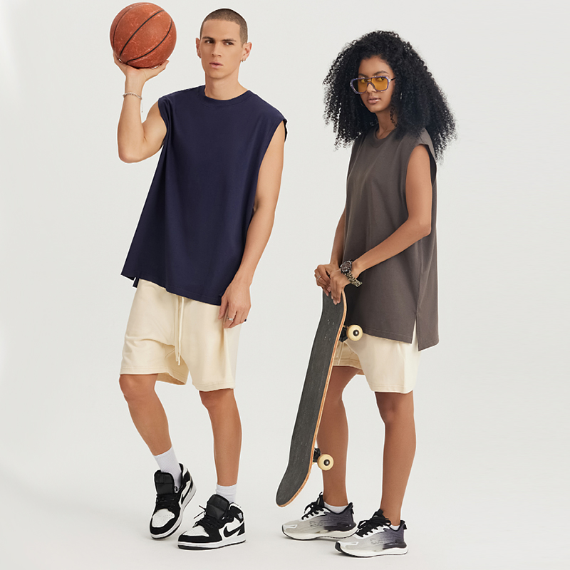 240克百分百纯棉无袖开叉运动短袖T恤背心