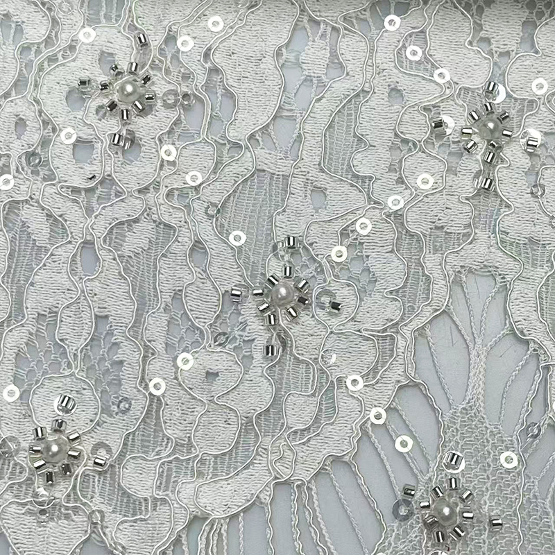宽股线花朵睫毛蕾丝立体管珠绣面料