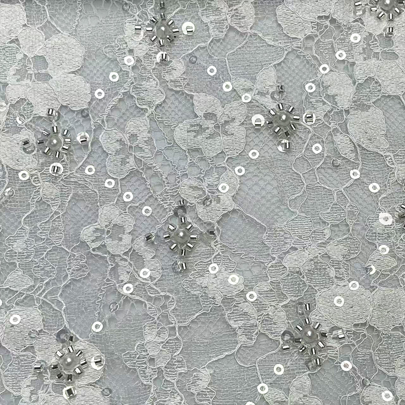 亮片菱形格纹蕾丝提花珠片绣面料