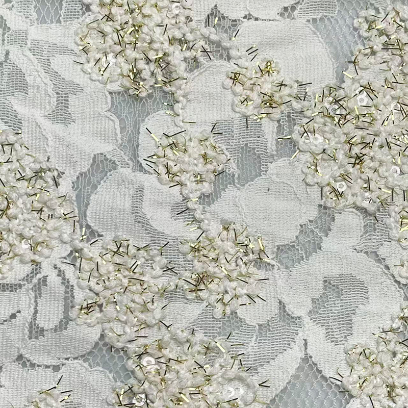 金线打籽绣蕾丝提花面料